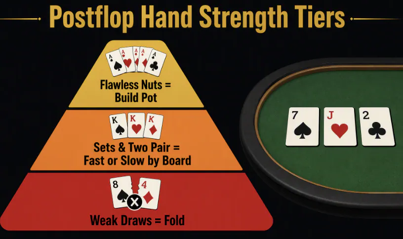 Postflop Hand Strength Tiers: A Complete Decision Framework, From Auto-Bet to Snap-Fold